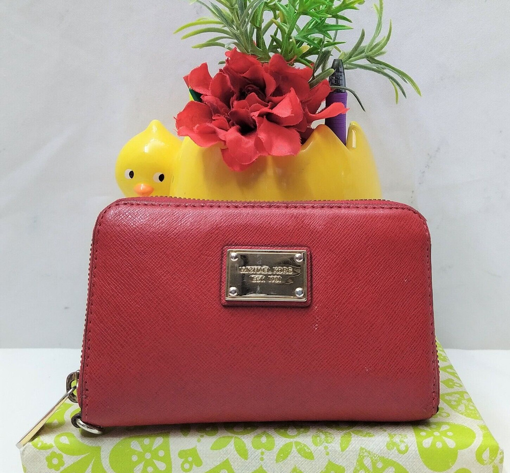 Michael Kors Red Crossgrain Leather Zip Around Credit Card Wallet